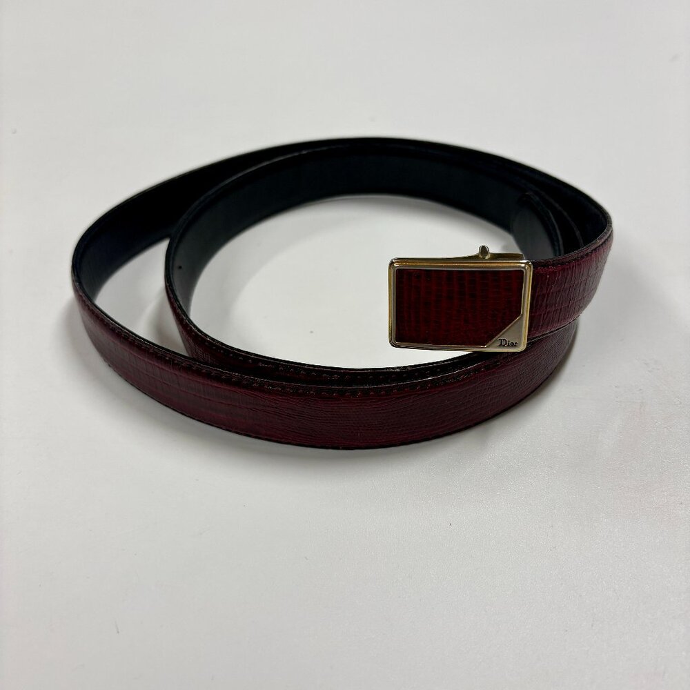 Dior Red-Burgundy Textured Leather Belt with Gold Rectangular Buckle
